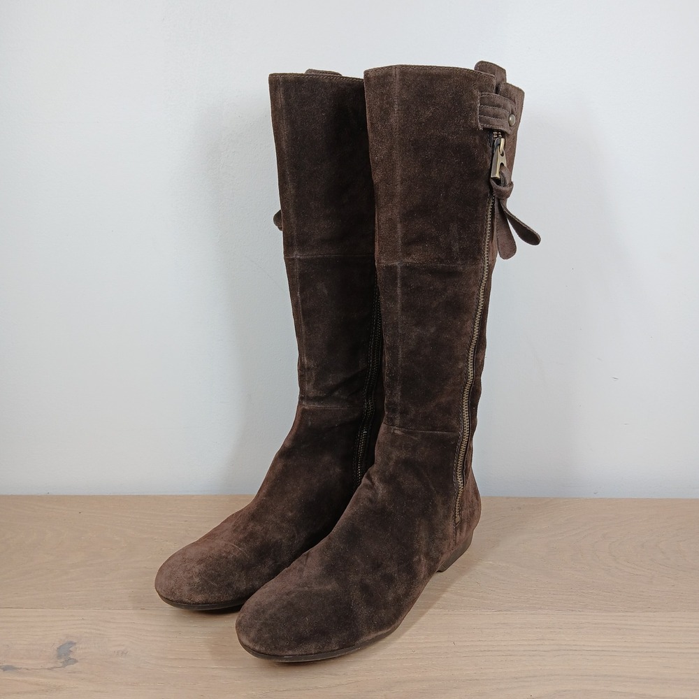 Enzo Angiolini Knee High Boots Women 10M Brown Suede Flat Side Zipper Round Toe